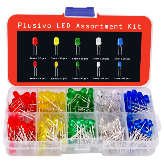 Plusivo 3mm and 5mm Diffused LED Light Emitting Diode Assortment Kit with Bonus Resistor Pack