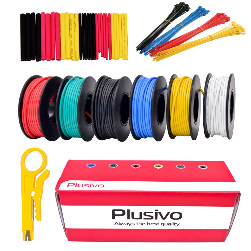 Plusivo Hookup Wire Kit (6 colors, 11 m (36 FT) each, AWG 24, Solid Wire)  PVC Jacket