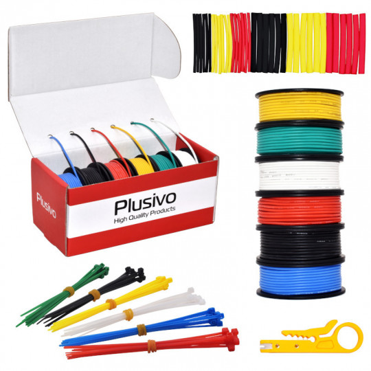 24AWG Hook up Wire Kit -  600V Tinned Stranded Silicone Wire of 6 Different Colors x 9 m (30 ft) each