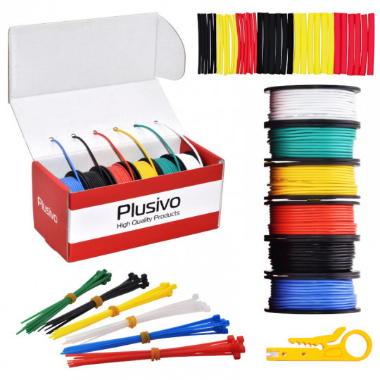 24AWG Hook up Wire Kit - 600V Pre-Tinned Solid Core Wire of 6 Different Colors x 11m (36ft) each